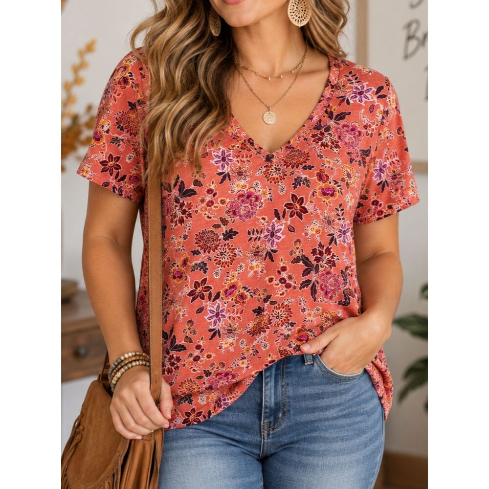 LOFT Womens Medium Coral Floral V Neck Short Sleeve Cotton Boho Casual Top